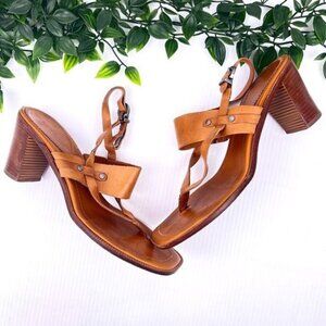 Antonio Melani tan leather block heel sandals buckle 7.5